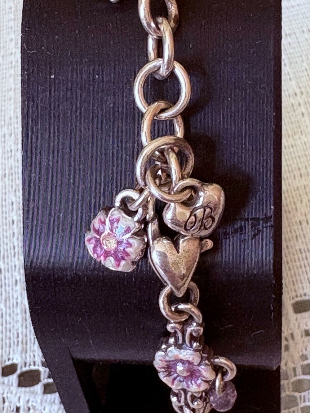 Brighton Silver Charm Bracelet with Purple Enamel Flowers & Heart Charms